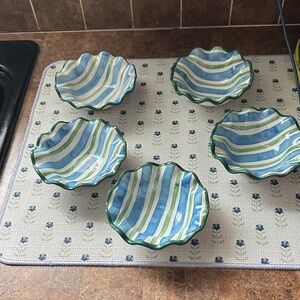 McKenzie Childs Striped Green and Blue Ceramic Bowls Set of 5 BNWT